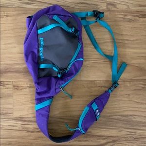 Gray, purple and blue Patagonia bag